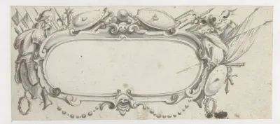 Ovale cartouche omringd met wapentuig