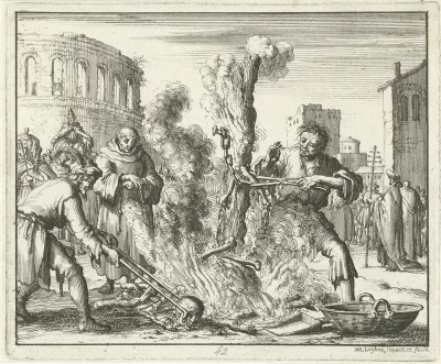 Overblijfselen van Arnoldus worden te Rome van de brandstaak losgemaakt