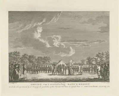 Overdracht van geschenken aan het Amsterdamse exercitiegenootschap Bato's Kroost, 1786