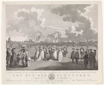 Overdracht van vaandels aan het Amsterdamse excercitiegenootschap Tot Nut der Schutterij, 1786