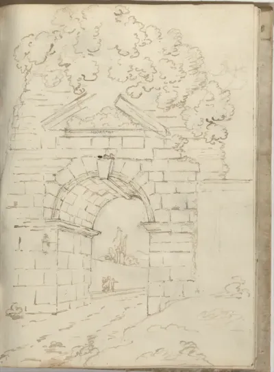 Overgrown Roman arch spanning a road (Smaller Italian sketchbook, leaf 34 recto)