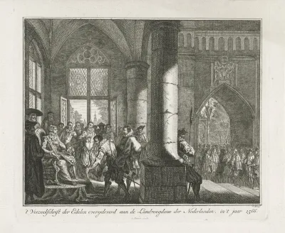 Overhandiging van het Smeekschrift der Edelen aan de landvoogdes Margaretha van Parma, 1566