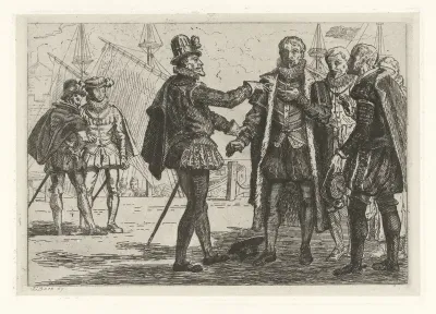 Overleg tussen edelmannen op een kade, ca. 1560