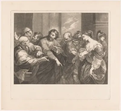 Overspelige vrouw voor Christus gebracht