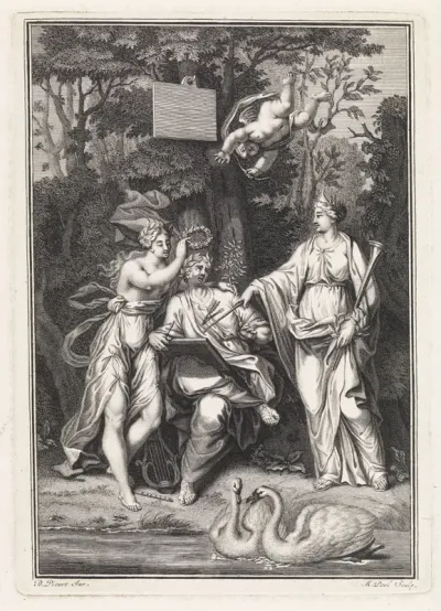 Ovidius vergezeld door twee muzen