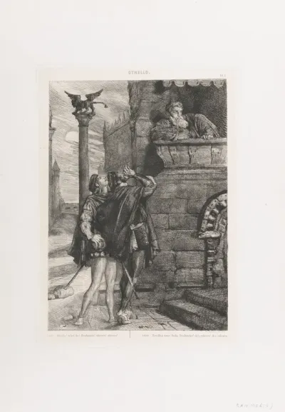 "Owake!  what ho!  Brabantio!  thieves!  thieves!": plate 1 from Othello (Act 1, Scene 1)