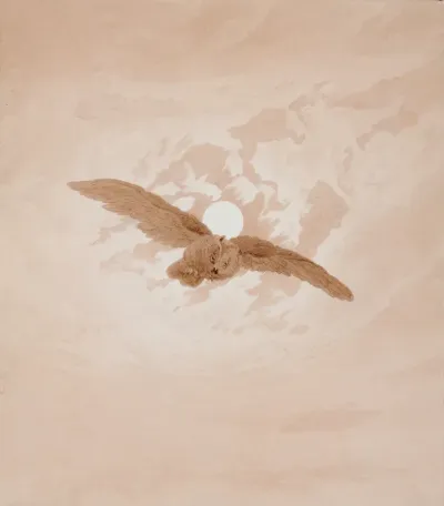 Owl flying against a moonlit sky