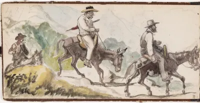 P.C. Skovgaard og A. Kittendorff, ridende på æsler i et bjerglandskab