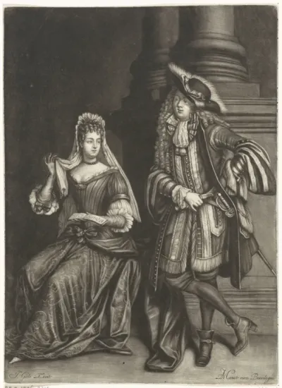 Paar op een bordes, gekleed volgens de mode van 1680-'90