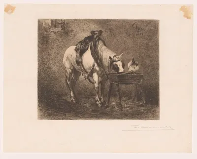 Paard en een kip bij een voerbak
