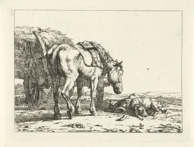 Paard en hond bij een hooiwagen