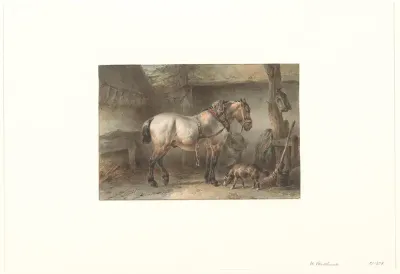 Paard en hond in een stal
