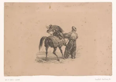 Paard en staande man in Ottomaanse kledij