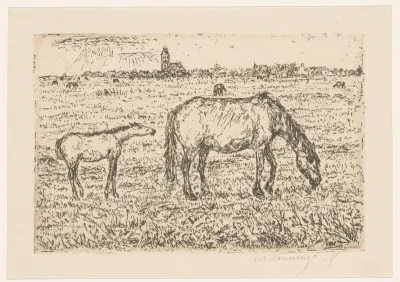Paard en veulen in wei