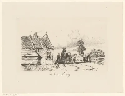 Paard en wagen bij boerderij