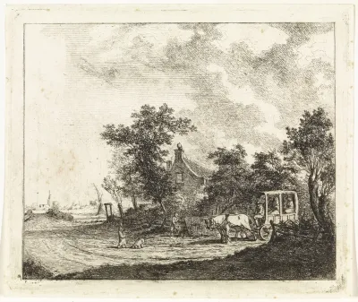 Paard en wagen voor een huis