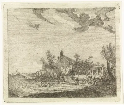 Paard en wagen voor een huis