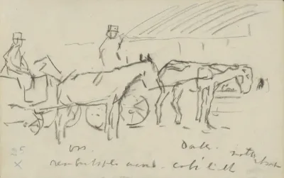 Paard-en-wagens op het Rembrandtplein te Amsterdam bij avond