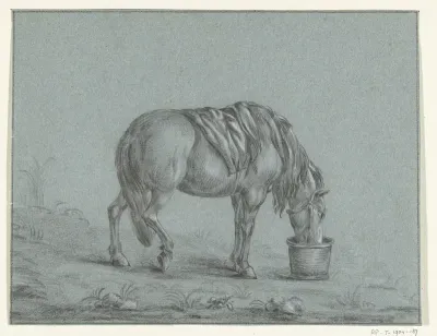 Paard etend uit een bak, naar rechts