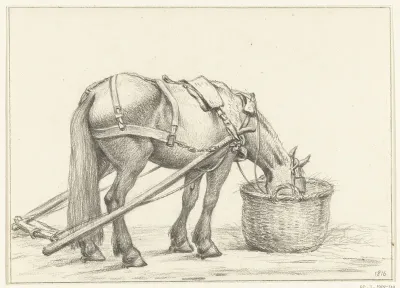 Paard etend uit een mand, naar rechts