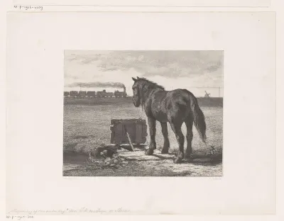Paard in weiland met stoomtrein aan de horizon