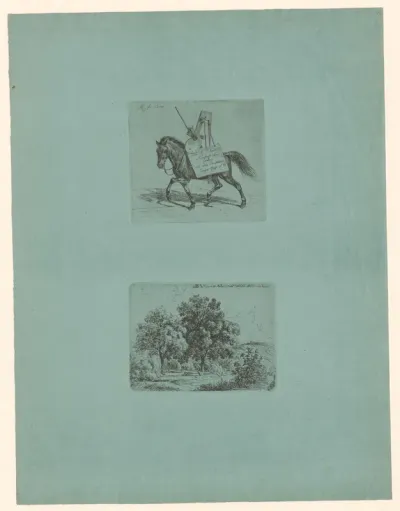 Paard met een schildersezel op zijn rug waarop het adres van de kunstenaar staat en een voorstelling van een landschap