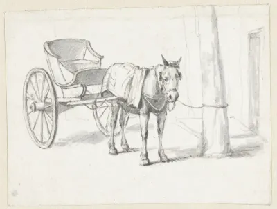 Paard met rijtuig, aan een boom gebonden