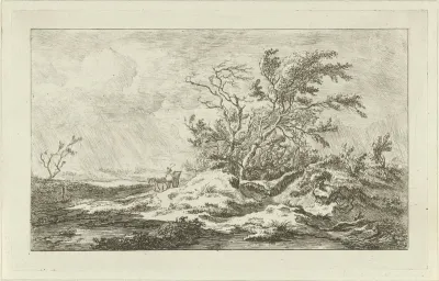 Paard met wagen in een landschap