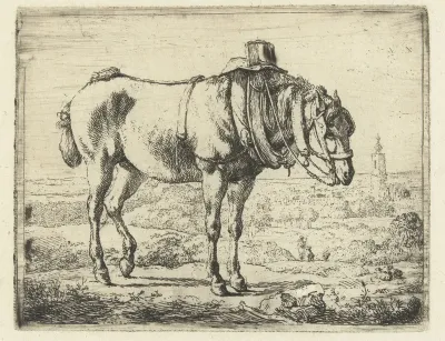 Paard opgetuigd als werkpaard
