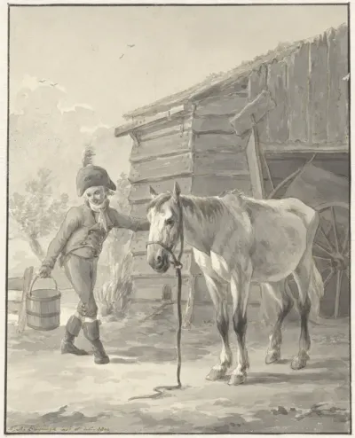 Paard staand voor een schuur
