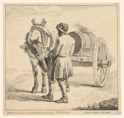 Paard voor een trekkar wordt gevoerd