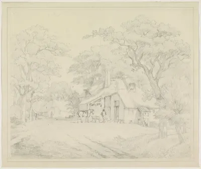 Paard voor huis tussen bomen