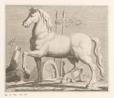 Paard voor schilden en wapens op de grond