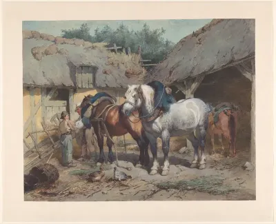 Paarden bij een stal
