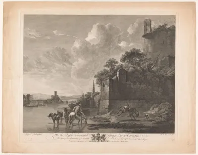 Paarden en ezels aan de oever van een rivier bij een stad