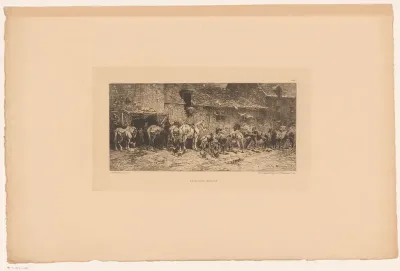 Paarden en kippen bij een boerderij