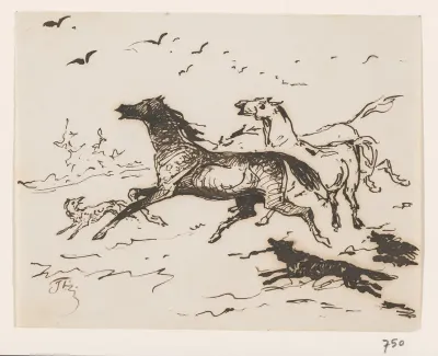 Paarden rennend tussen honden of wolven, met vogels in de lucht
