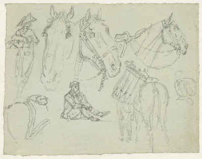 Paardenhoofden en schetsen van soldaten