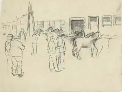 Paardenmarkt met diverse figuren