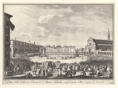 Paardenrace op het plein voor de Santa Maria Novella tijdens de Corsa dei Cocchi