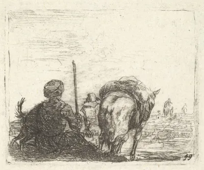 Pack-horse, seated man with staff in right hand, and dog, all viewed from the rear, from "The Small Landscapes"