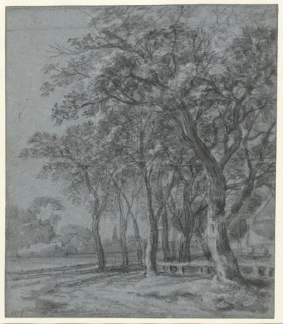 Pad met bomen langs het omheinde erf van een huis