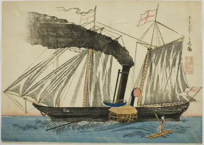 Paddlewheel Steamer with a Man on a Pontoon Structure with Reversible Paddle