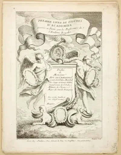 Page 1 (Title Page) and Page 28, from Premier Livre de Figures d’Académies Gravées en Partie par les Professeurs de l’Académie Royale