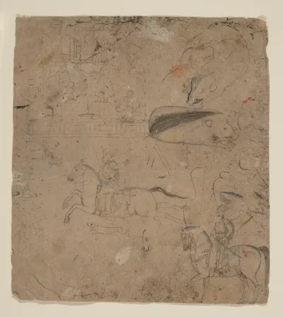 Page from a Sketchbook Showing Rulers on Horseback, Boars, and a Palace Scene