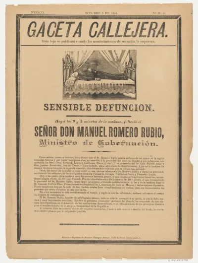 Page from the Gaceta Callajera (October 3 1895) relating to the death of the government minister, Don Manuel Romero Rubio