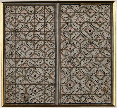 Painted tablet for fortune telling, inscribed with the names of different angels