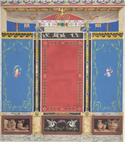 Painted Wall Decor Featuring Thin Column with a Pair of Swans and Trompe L'Oeil Vases at Base