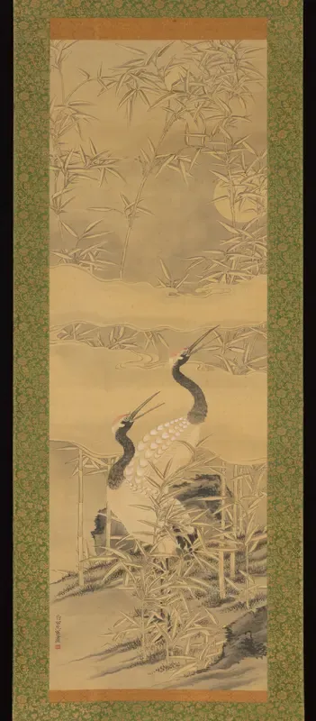 Pair of Cranes in Bamboo Grove