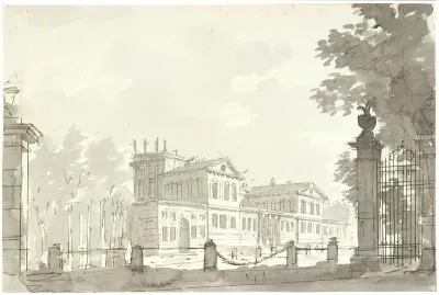 Palads i indhegnet park, t.h. en gitterlåge